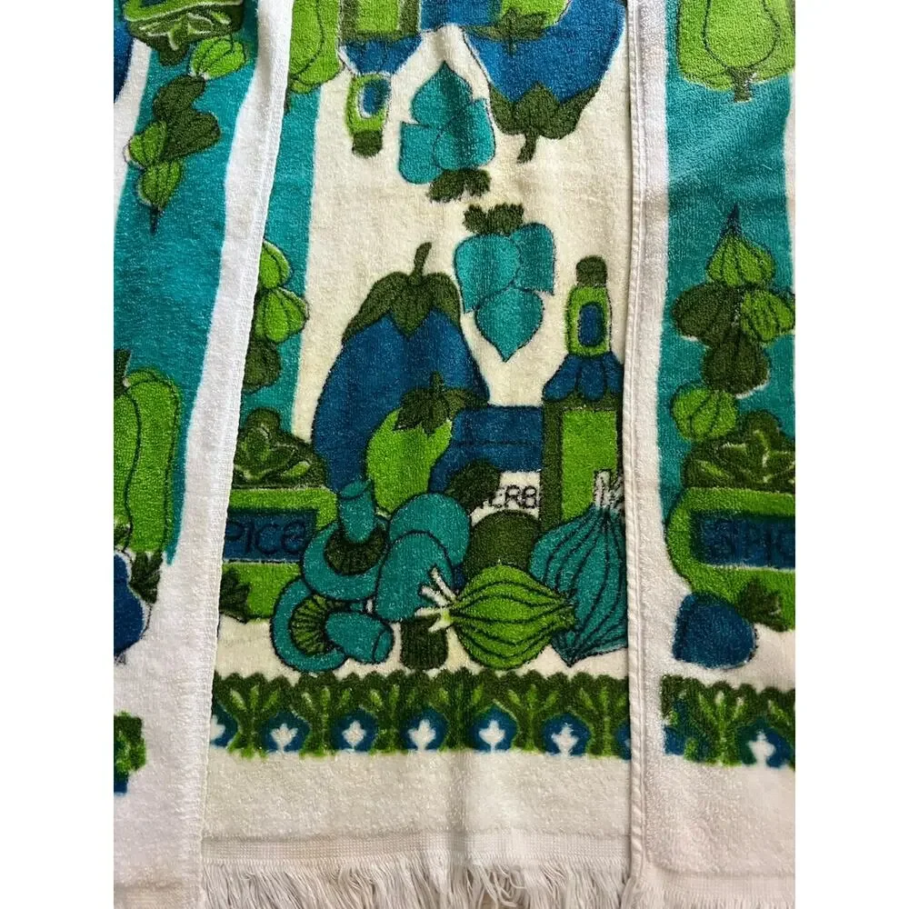 Vintage VERA NEUMANN 3 Kitchen Towels Blue Green Mushrooms Fringe MCM As Is